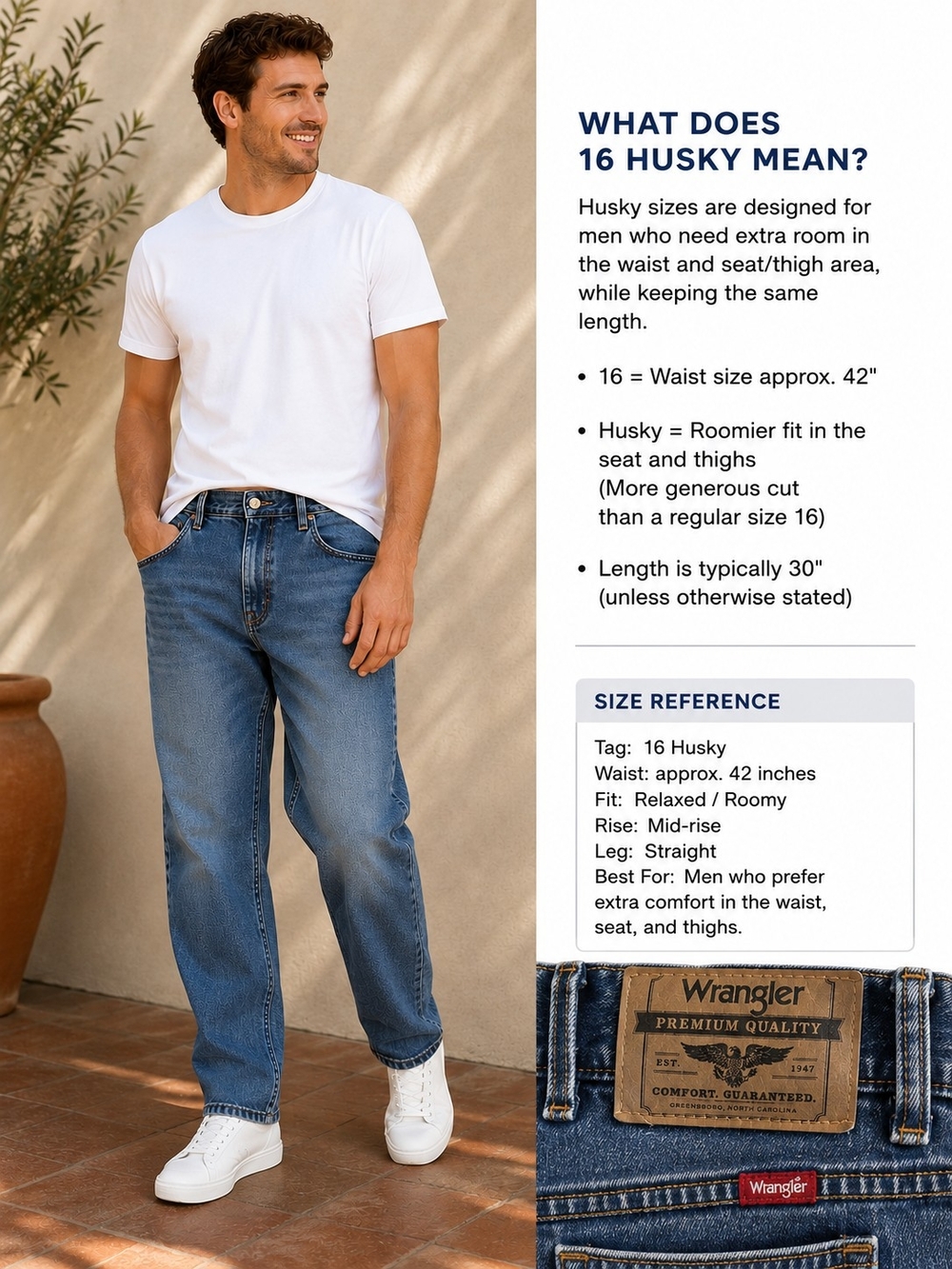 Wrangler Relaxed Straight Jeans in Medium Blue - Husky Fit Built In Belt